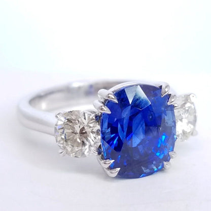 6.14 Total Carat Sapphire and Diamond Three Stone Ladies Ring, GIA Certified