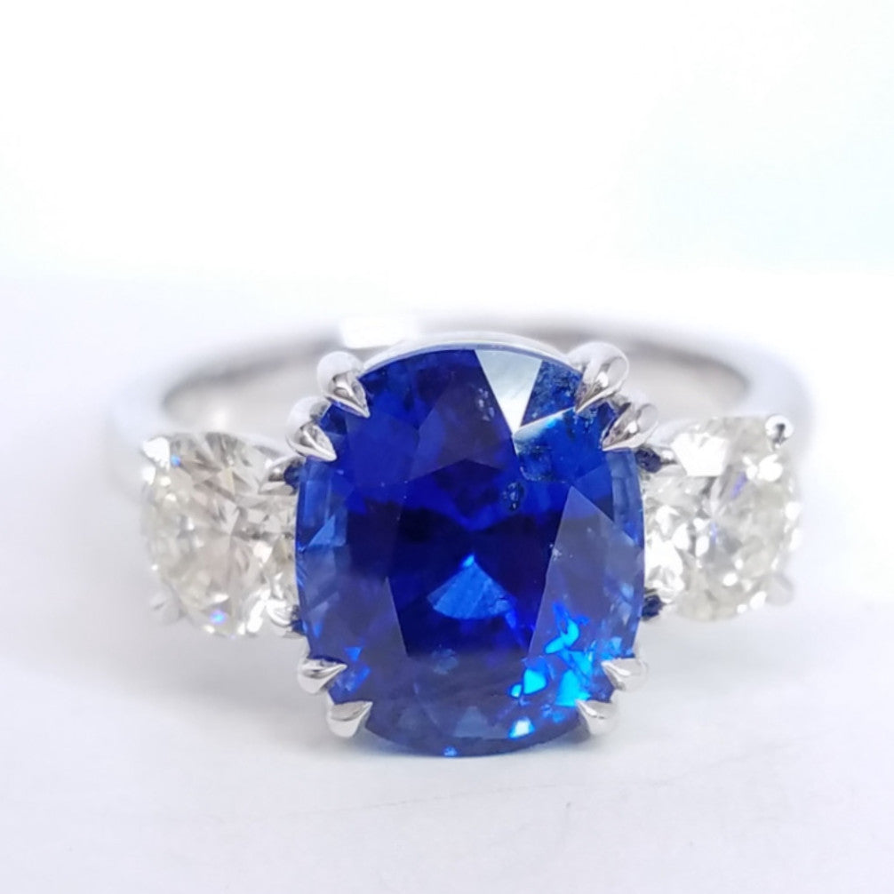 6.14 Total Carat Sapphire and Diamond Three Stone Ladies Ring, GIA Certified