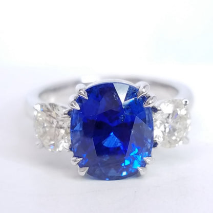 6.14 Total Carat Sapphire and Diamond Three Stone Ladies Ring, GIA Certified