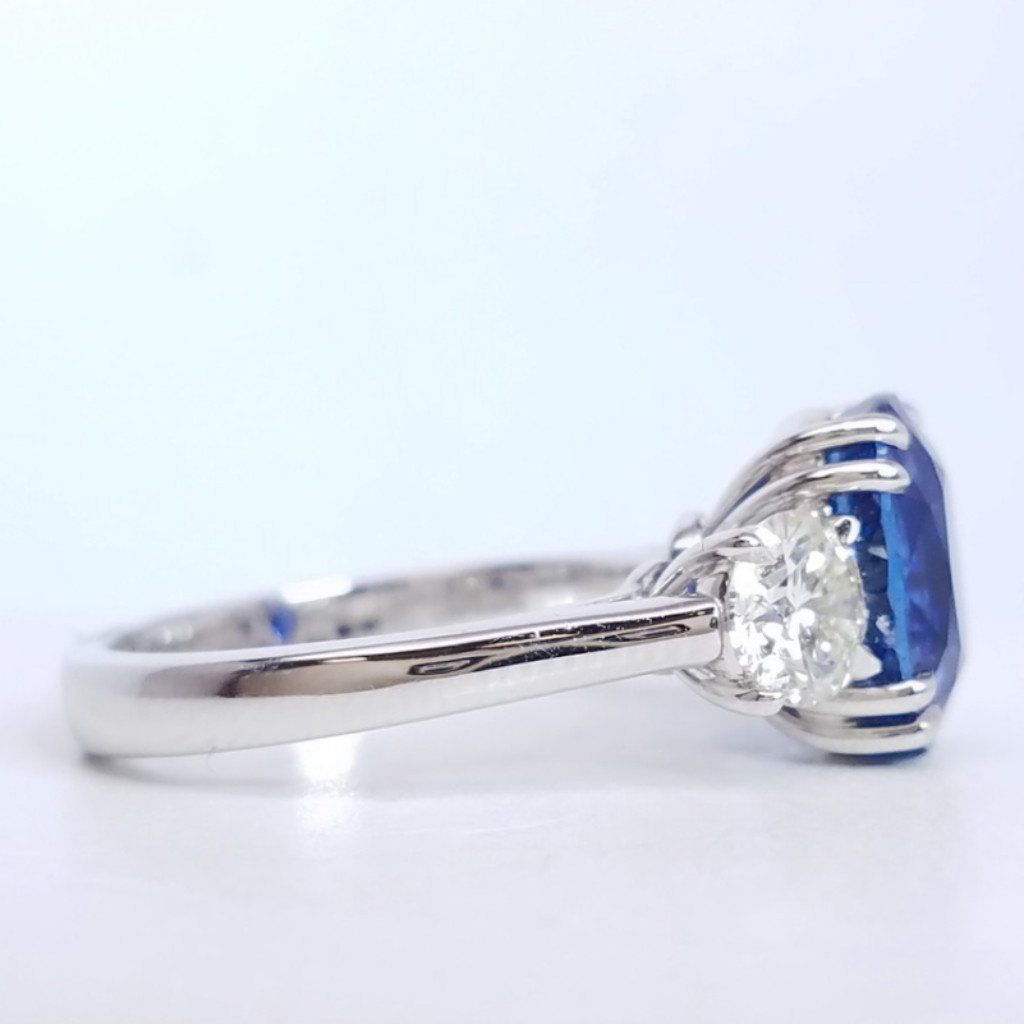 6.14 Total Carat Sapphire and Diamond Three Stone Ladies Ring, GIA Certified
