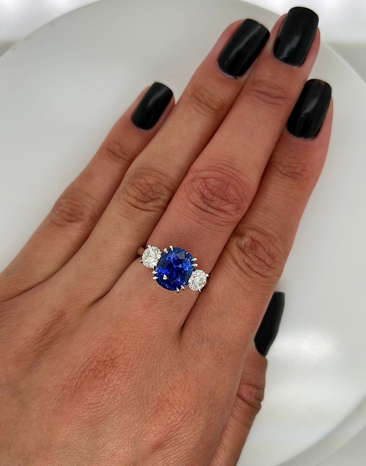 6.14 Total Carat Sapphire and Diamond Three Stone Ladies Ring, GIA Certified