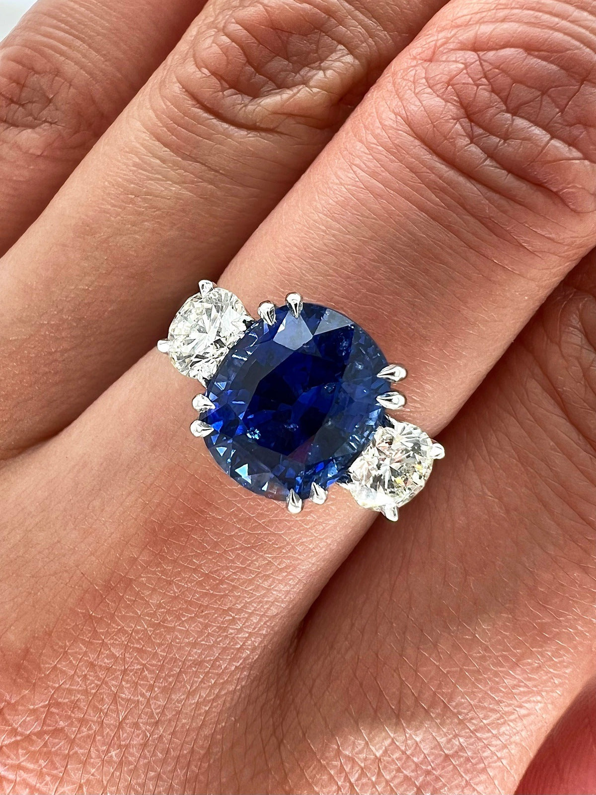 6.14 Total Carat Sapphire and Diamond Three Stone Ladies Ring, GIA Certified