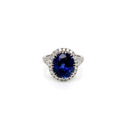 7.50 Total Carat Sapphire and Diamond Halo Pave-Set Ladies Ring, GIA Certified