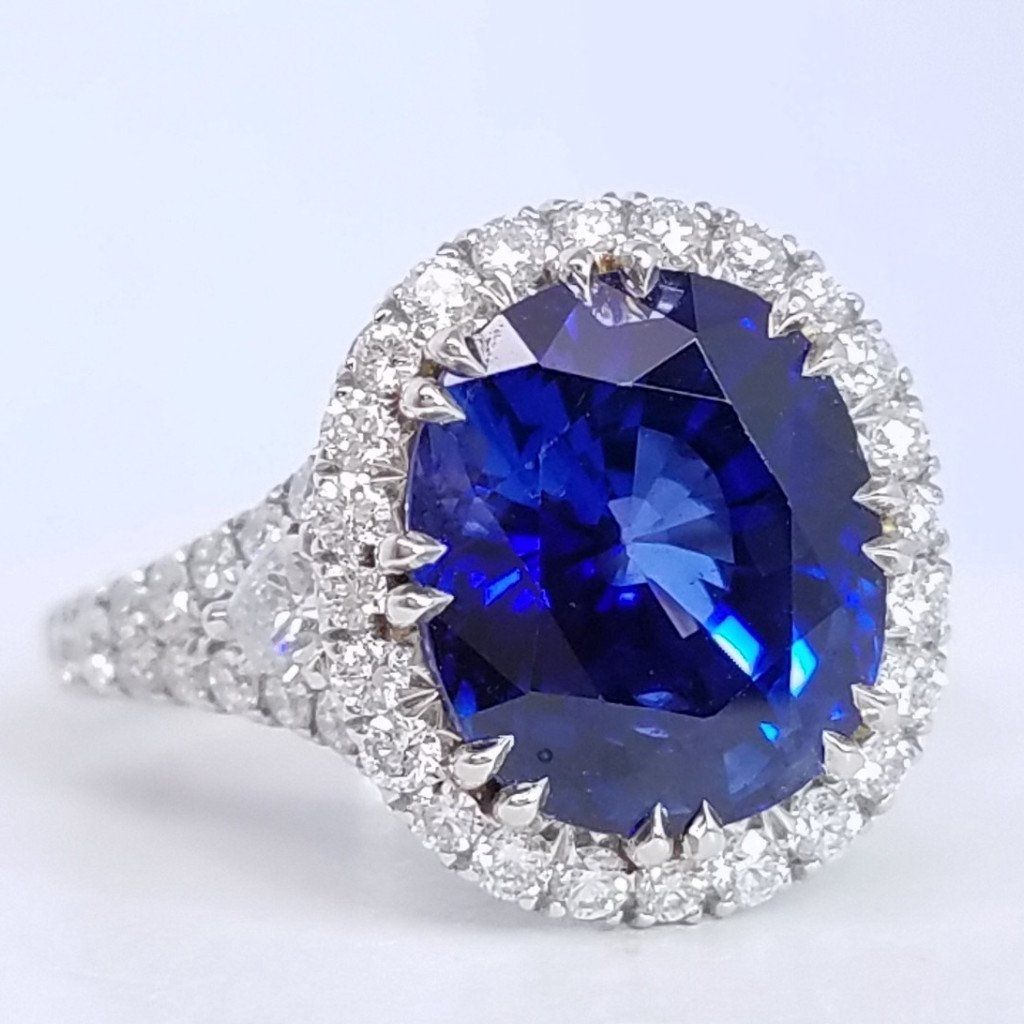 7.50 Total Carat Sapphire and Diamond Halo Pave-Set Ladies Ring, GIA Certified