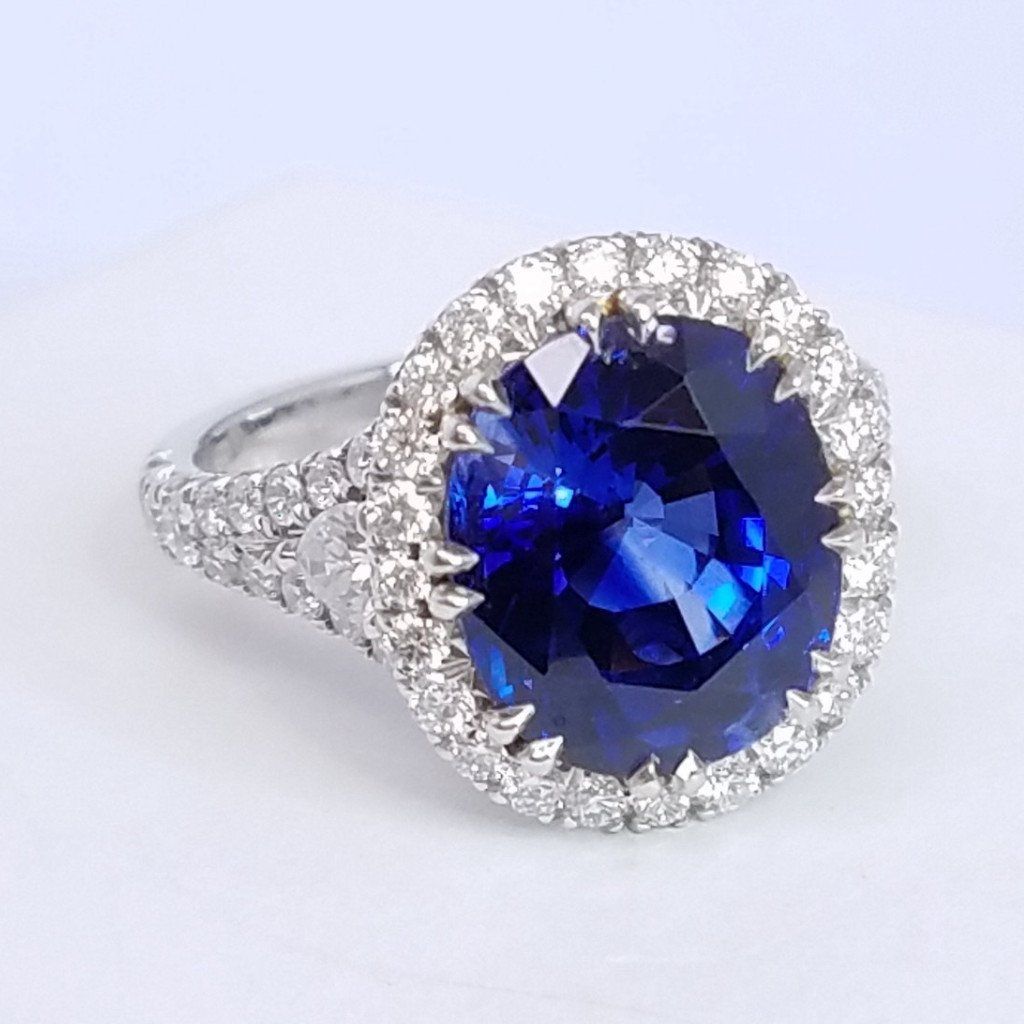 7.50 Total Carat Sapphire and Diamond Halo Pave-Set Ladies Ring, GIA Certified