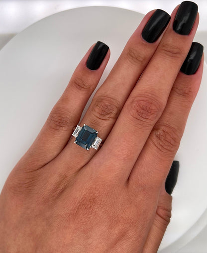 4.65 Total Carat Emerald Cut Sapphire and Diamond Three-Stone Ladies Ring, GIA Certified