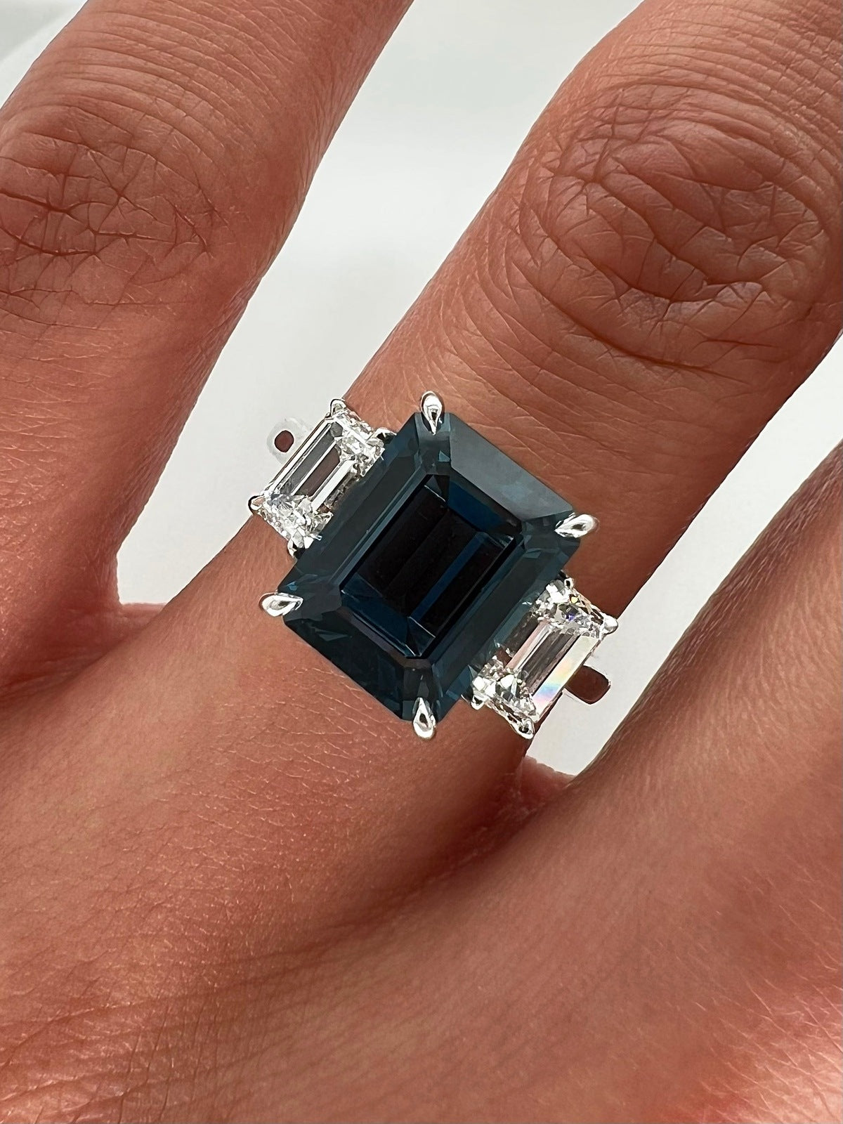 4.65 Total Carat Emerald Cut Sapphire and Diamond Three-Stone Ladies Ring, GIA Certified