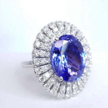 10.52 Total Carat Blue Tanzanite and Diamond Three Row Halo Ladies Ring