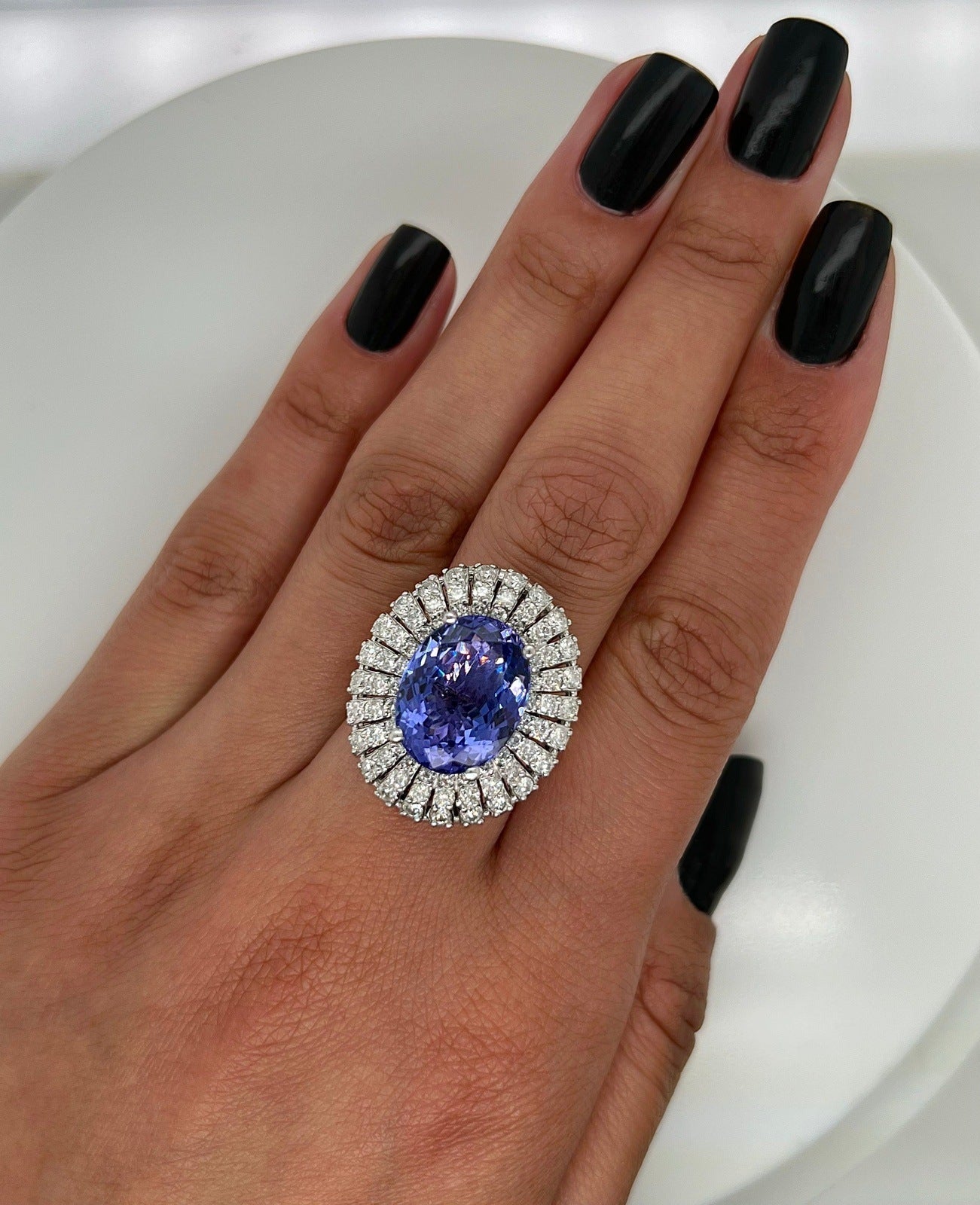 10.52 Total Carat Blue Tanzanite and Diamond Three Row Halo Ladies Ring