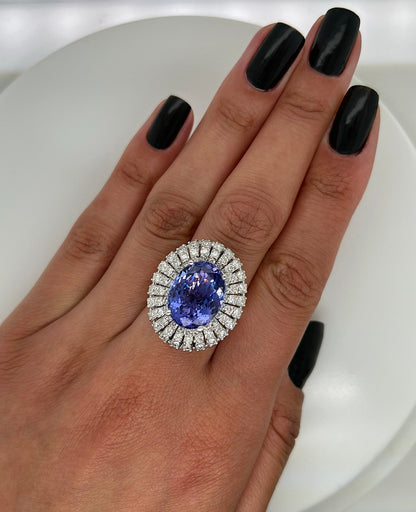 10.52 Total Carat Blue Tanzanite and Diamond Three Row Halo Ladies Ring