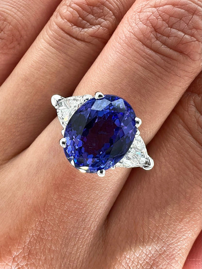 7.18 Total Carat Tanzanite and Diamond Three Stone Ladies Ring