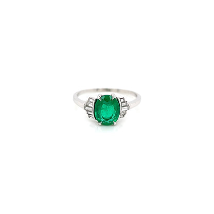 1.58 Total Carat Platinum Vintage Oval Shape Emerald Ladies Diamond Ring, GIA