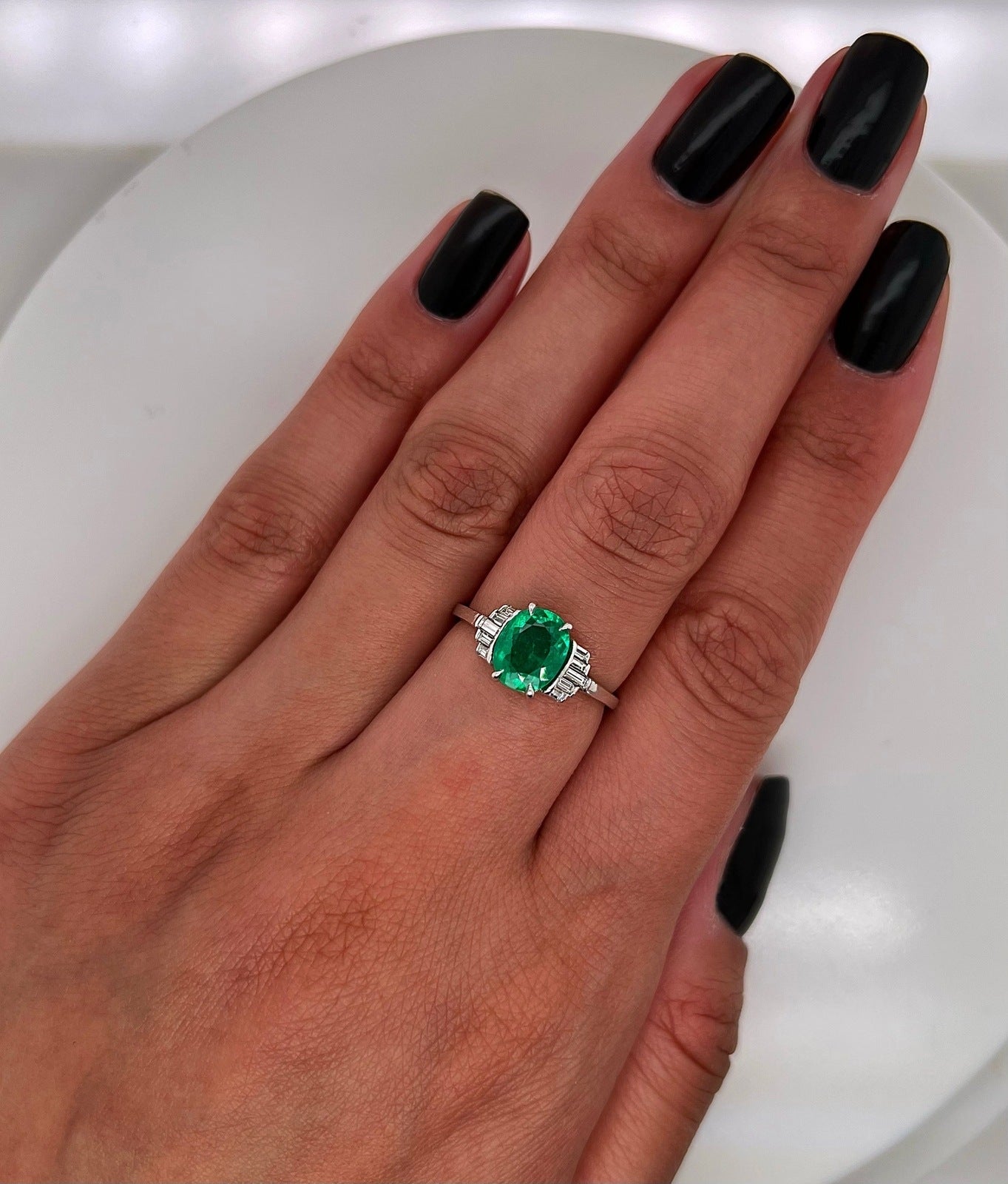 1.58 Total Carat Platinum Vintage Oval Shape Emerald Ladies Diamond Ring, GIA