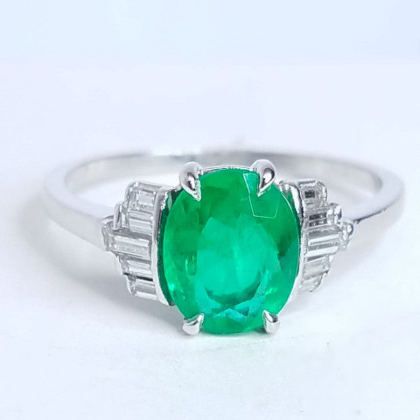 1.58 Total Carat Platinum Vintage Oval Shape Emerald Ladies Diamond Ring, GIA