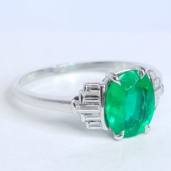 1.58 Total Carat Platinum Vintage Oval Shape Emerald Ladies Diamond Ring, GIA