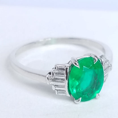 1.58 Total Carat Platinum Vintage Oval Shape Emerald Ladies Diamond Ring, GIA