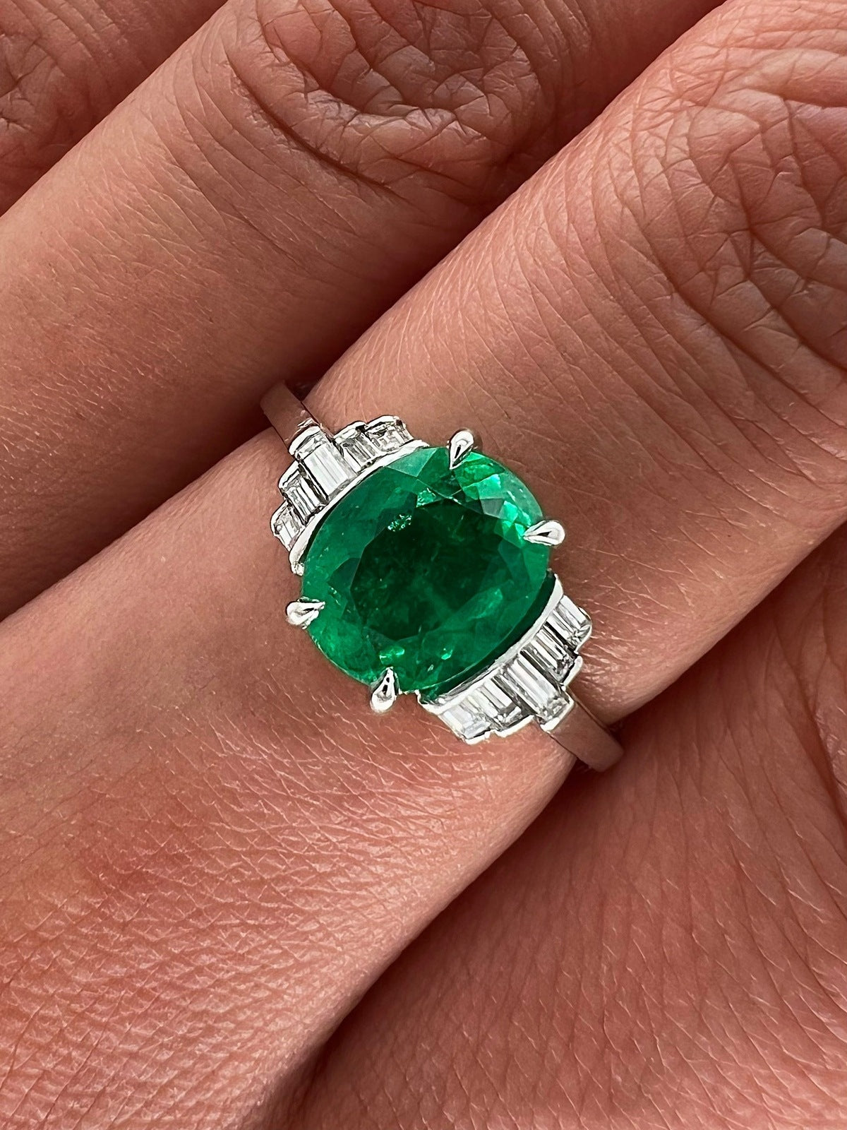 1.58 Total Carat Platinum Vintage Oval Shape Emerald Ladies Diamond Ring, GIA
