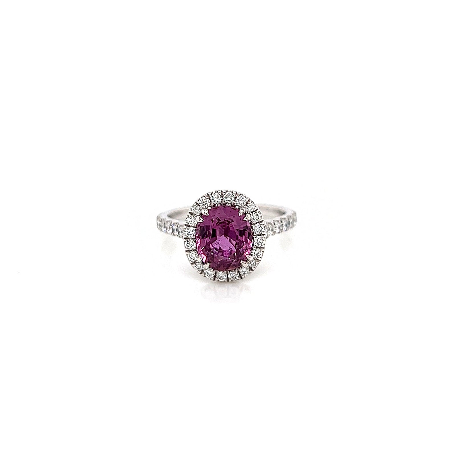 3.32 Total Carat Pink Sapphire and Diamond Halo Ladies Ring. GIA Certified.