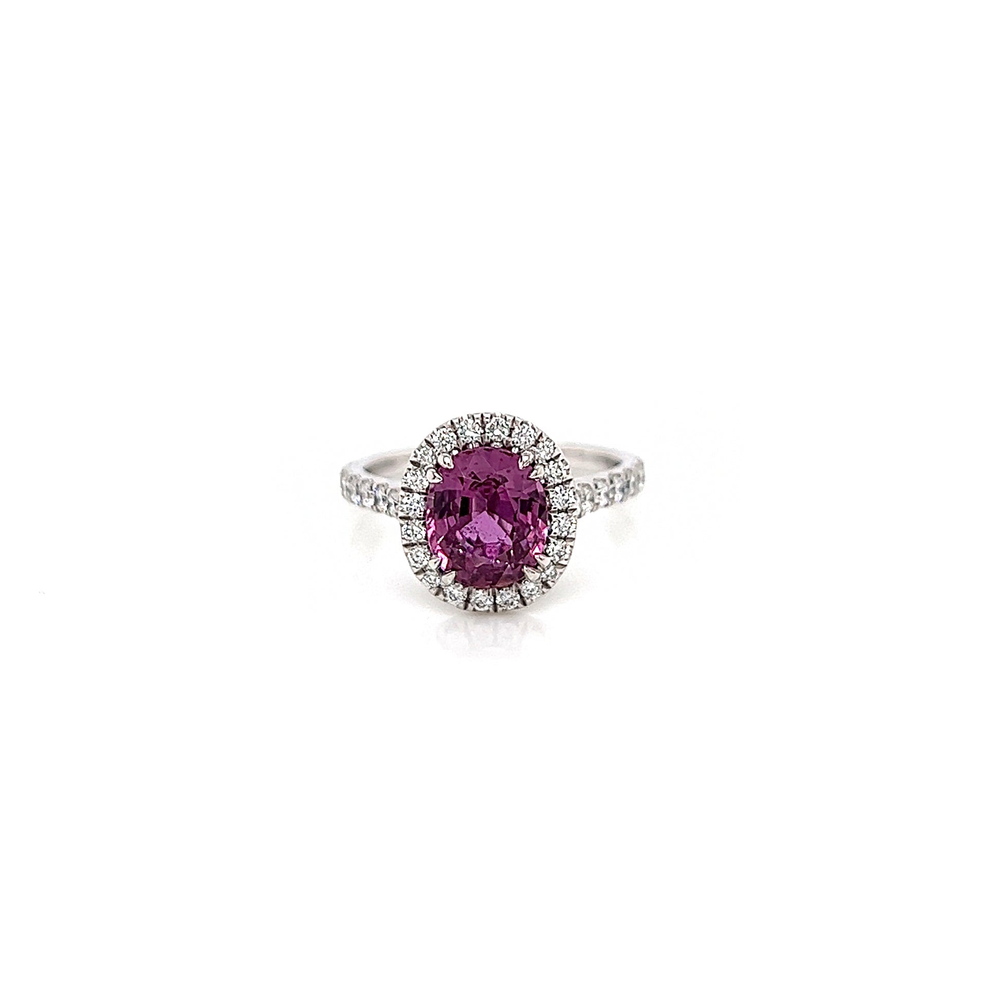 3.32 Total Carat Pink Sapphire and Diamond Halo Ladies Ring. GIA Certified.