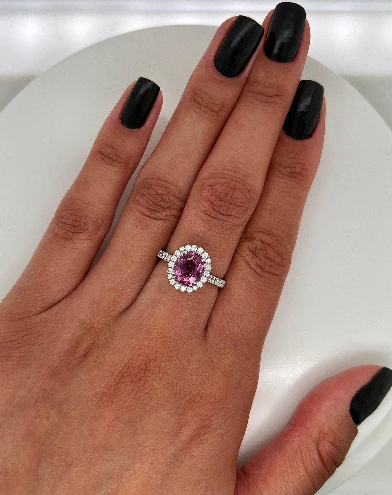 3.32 Total Carat Pink Sapphire and Diamond Halo Ladies Ring. GIA Certified.