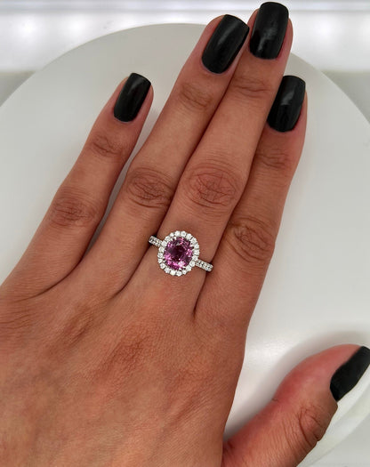 3.32 Total Carat Pink Sapphire and Diamond Halo Ladies Ring. GIA Certified.