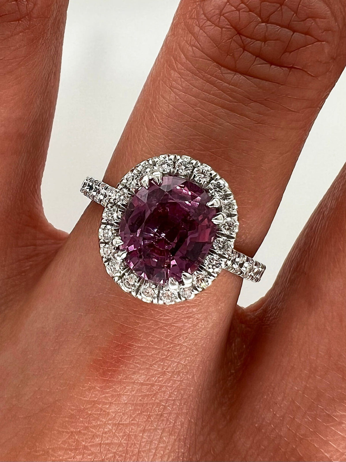 3.32 Total Carat Pink Sapphire and Diamond Halo Ladies Ring. GIA Certified.