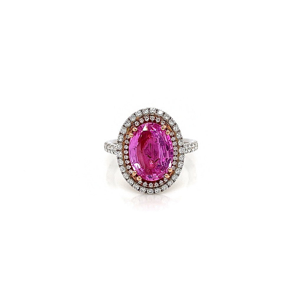 4.56 Total Carat Oval Pink Sapphire and Diamond Double Halo Pave-Set Ladies Ring. GIA Certified.