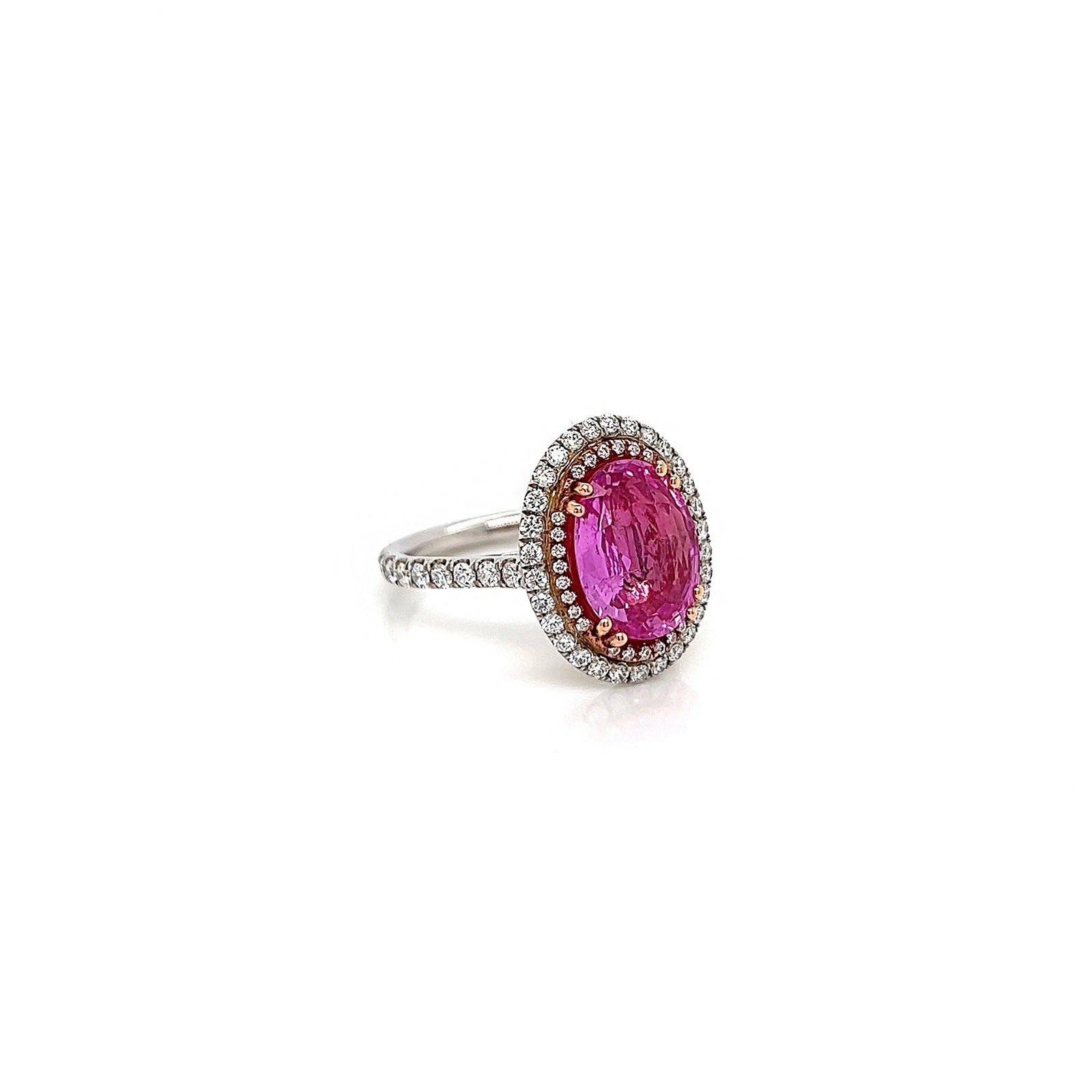 4.56 Total Carat Oval Pink Sapphire and Diamond Double Halo Pave-Set Ladies Ring. GIA Certified.