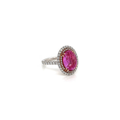 4.56 Total Carat Oval Pink Sapphire and Diamond Double Halo Pave-Set Ladies Ring. GIA Certified.