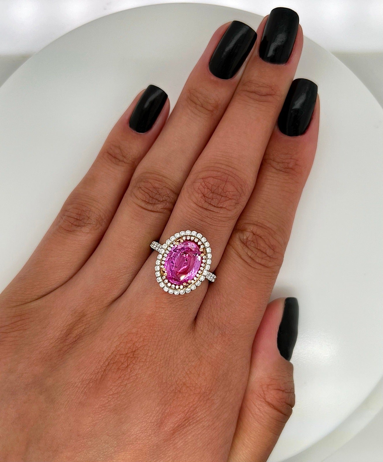 4.56 Total Carat Oval Pink Sapphire and Diamond Double Halo Pave-Set Ladies Ring. GIA Certified.