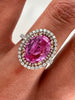 4.56 Total Carat Oval Pink Sapphire and Diamond Double Halo Pave-Set Ladies Ring. GIA Certified.