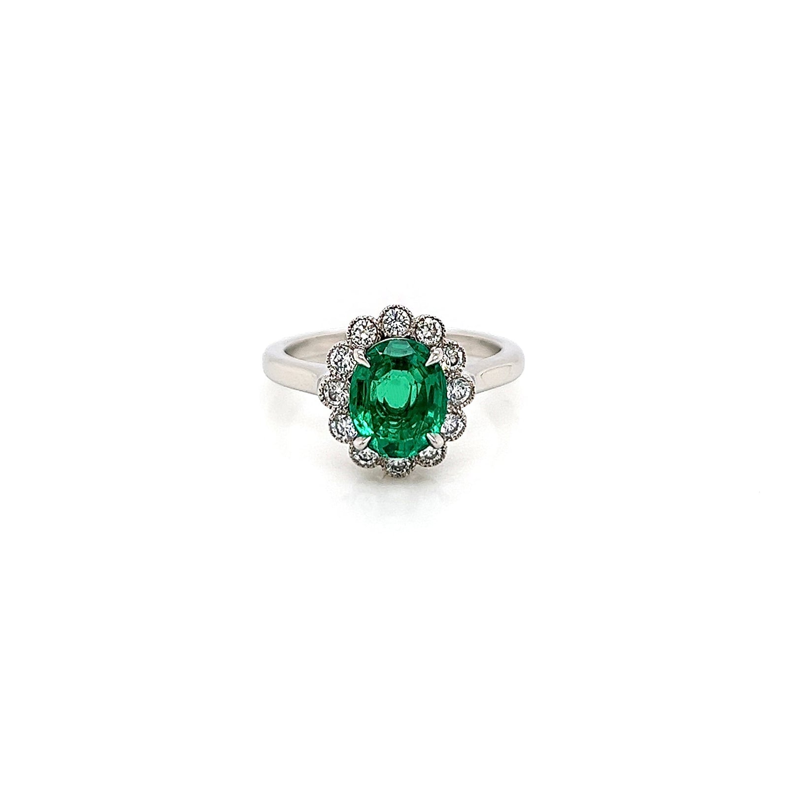 1.66 Total Carat Green Emerald and Diamond Ladies Ring, GIA