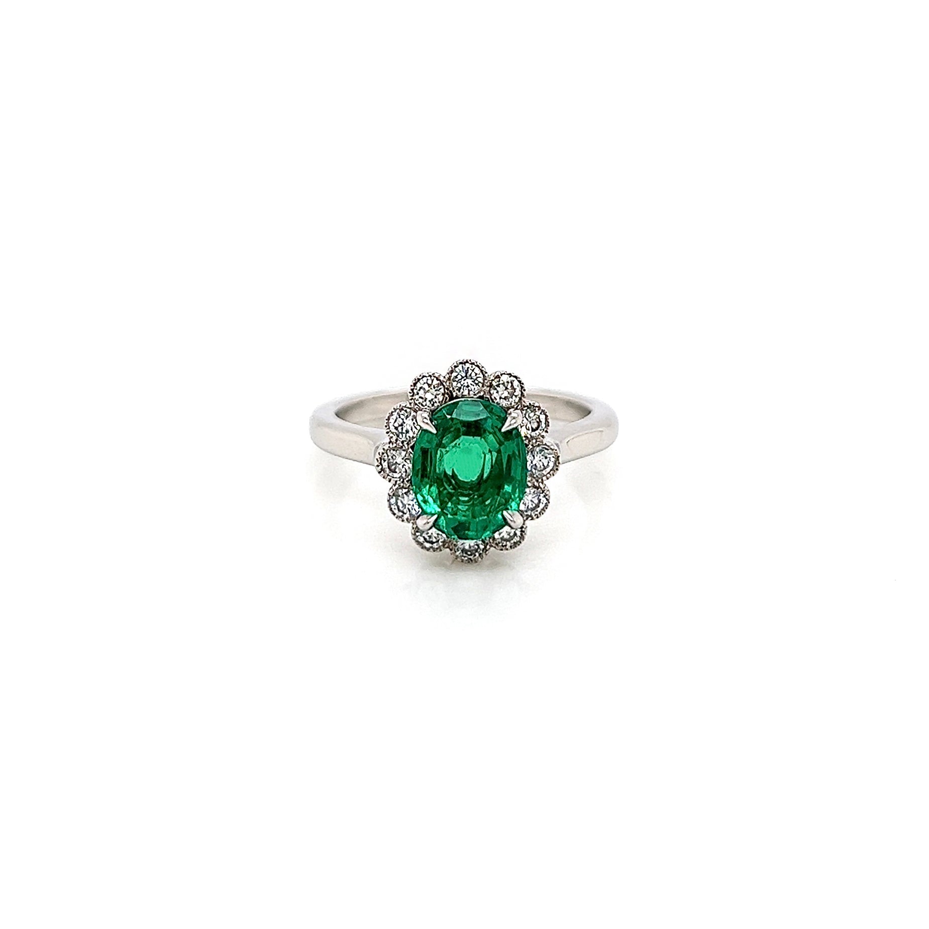 1.66 Total Carat Green Emerald and Diamond Ladies Ring, GIA