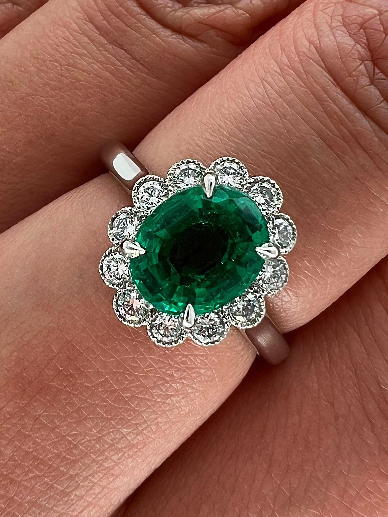 1.66 Total Carat Green Emerald and Diamond Ladies Ring, GIA