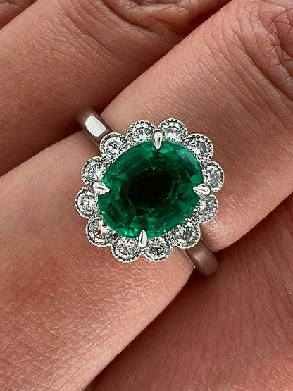 1.66 Total Carat Green Emerald and Diamond Ladies Ring, GIA