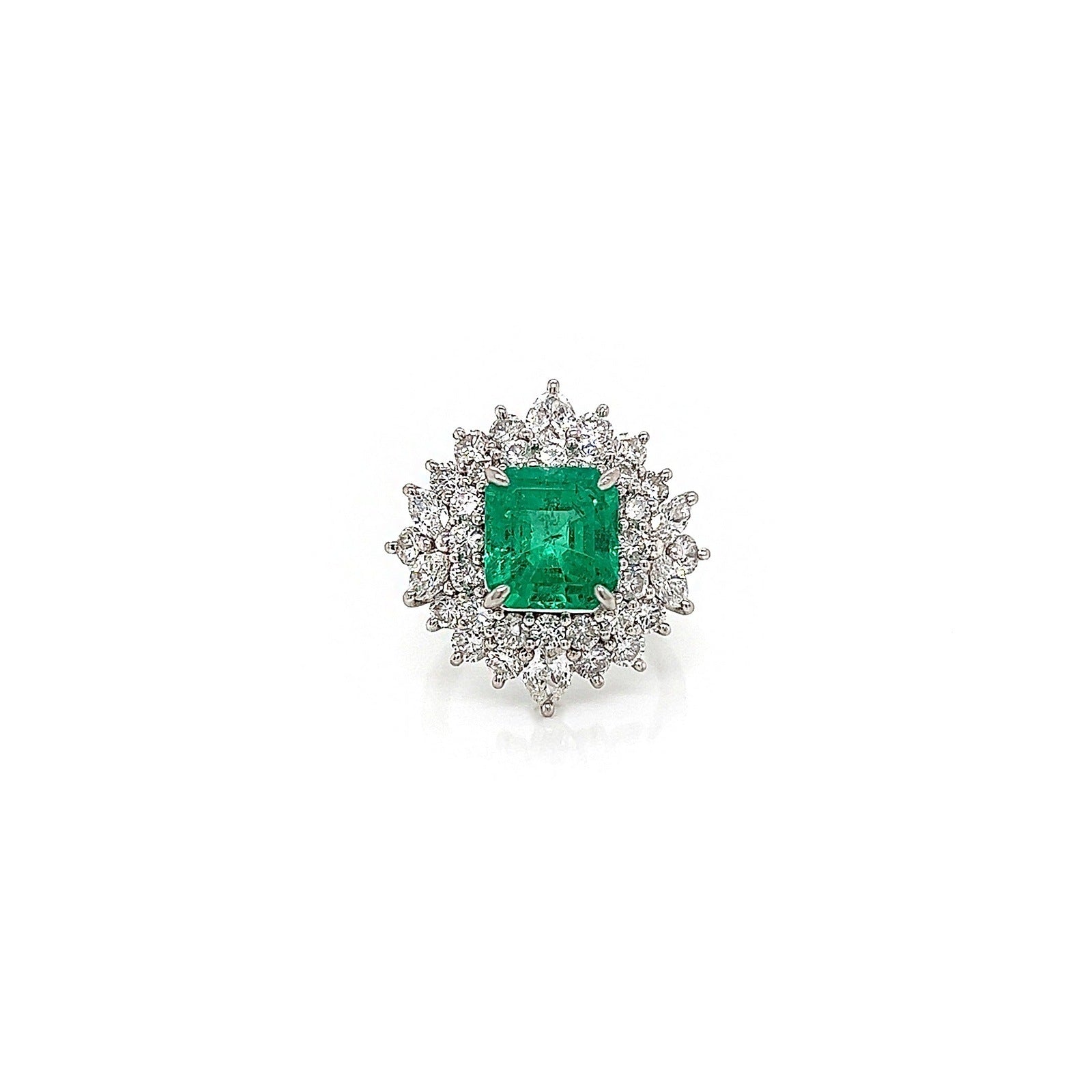 5.48 Total Carat Emerald and Diamond Halo Prong-Set Ladies Ring