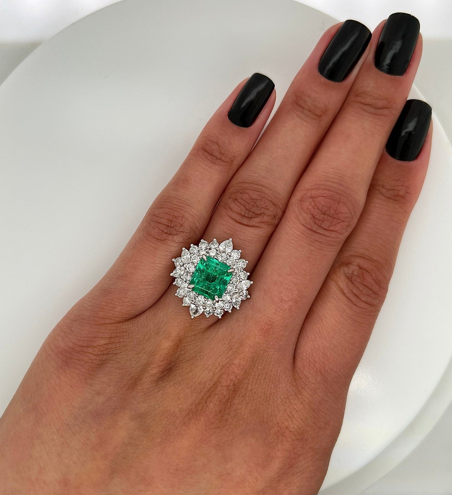 5.48 Total Carat Emerald and Diamond Halo Prong-Set Ladies Ring