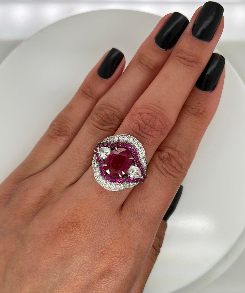 6.37 Total Carat Ruby and Diamond Ladies Ring. GIA Certified.