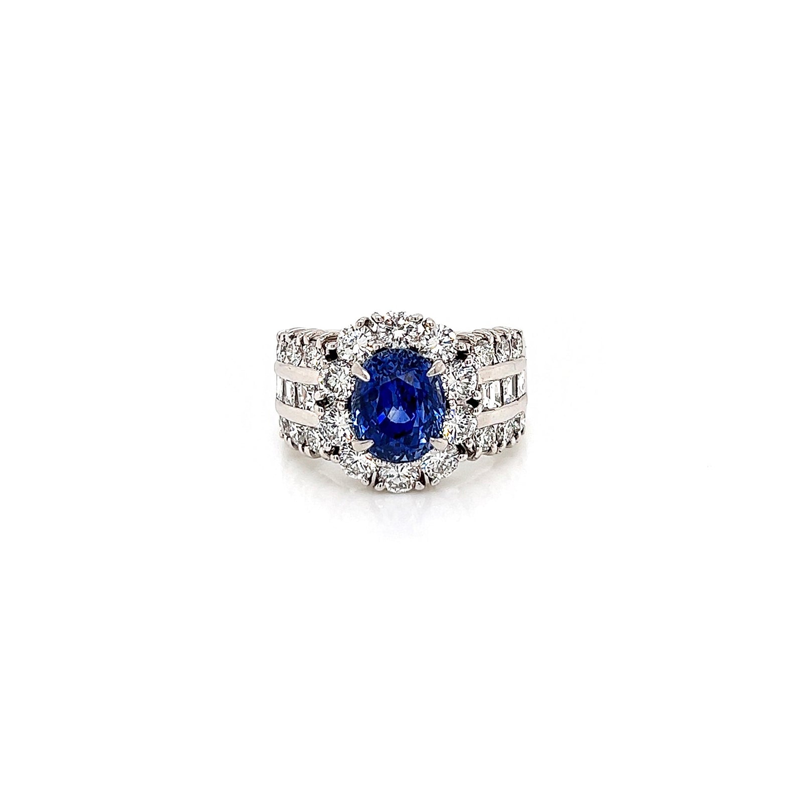 5.61 Total Carat Sapphire and Diamond Halo Channel-Set Ladies Ring