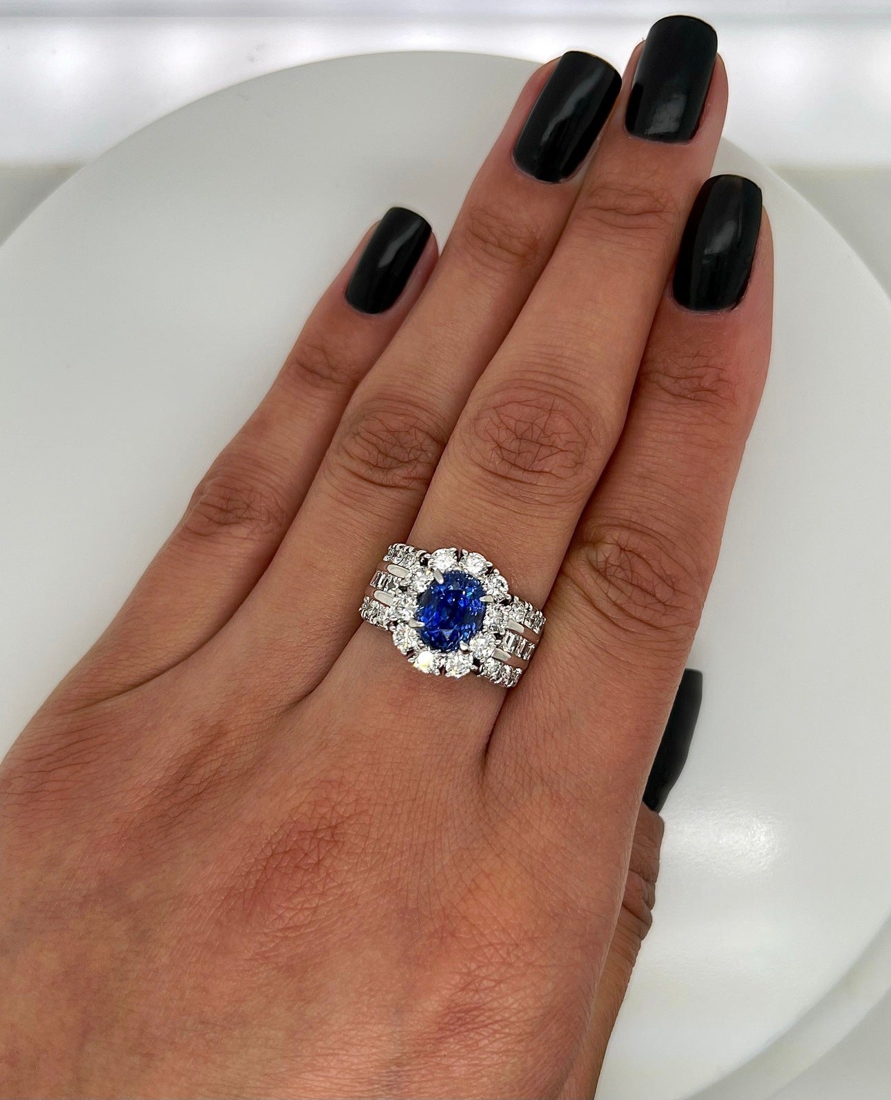 5.61 Total Carat Sapphire and Diamond Halo Channel-Set Ladies Ring