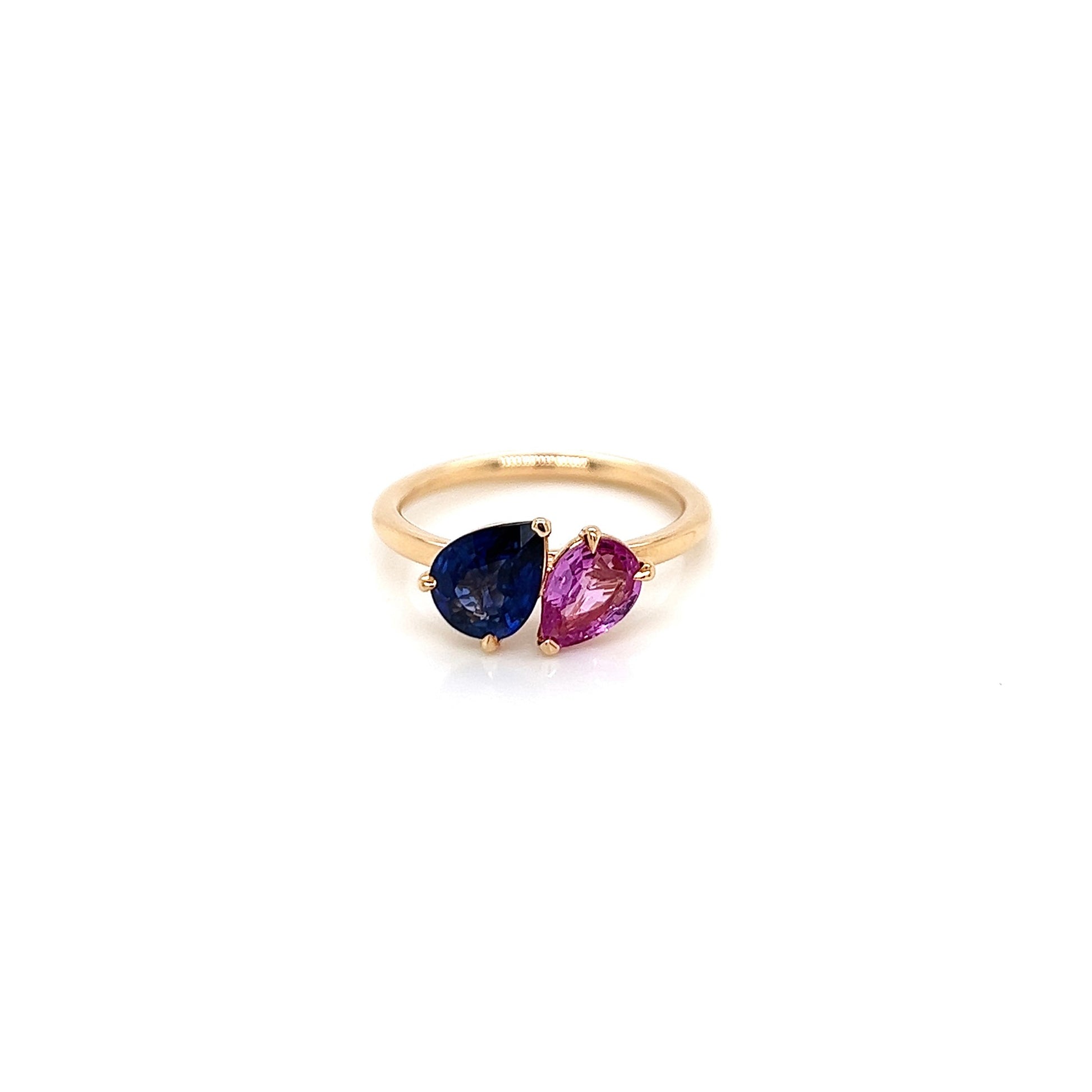 1.99 Total Carat Mismatched Pear Shaped Sapphire Two-Stone Ring in 14K Yellow Gold