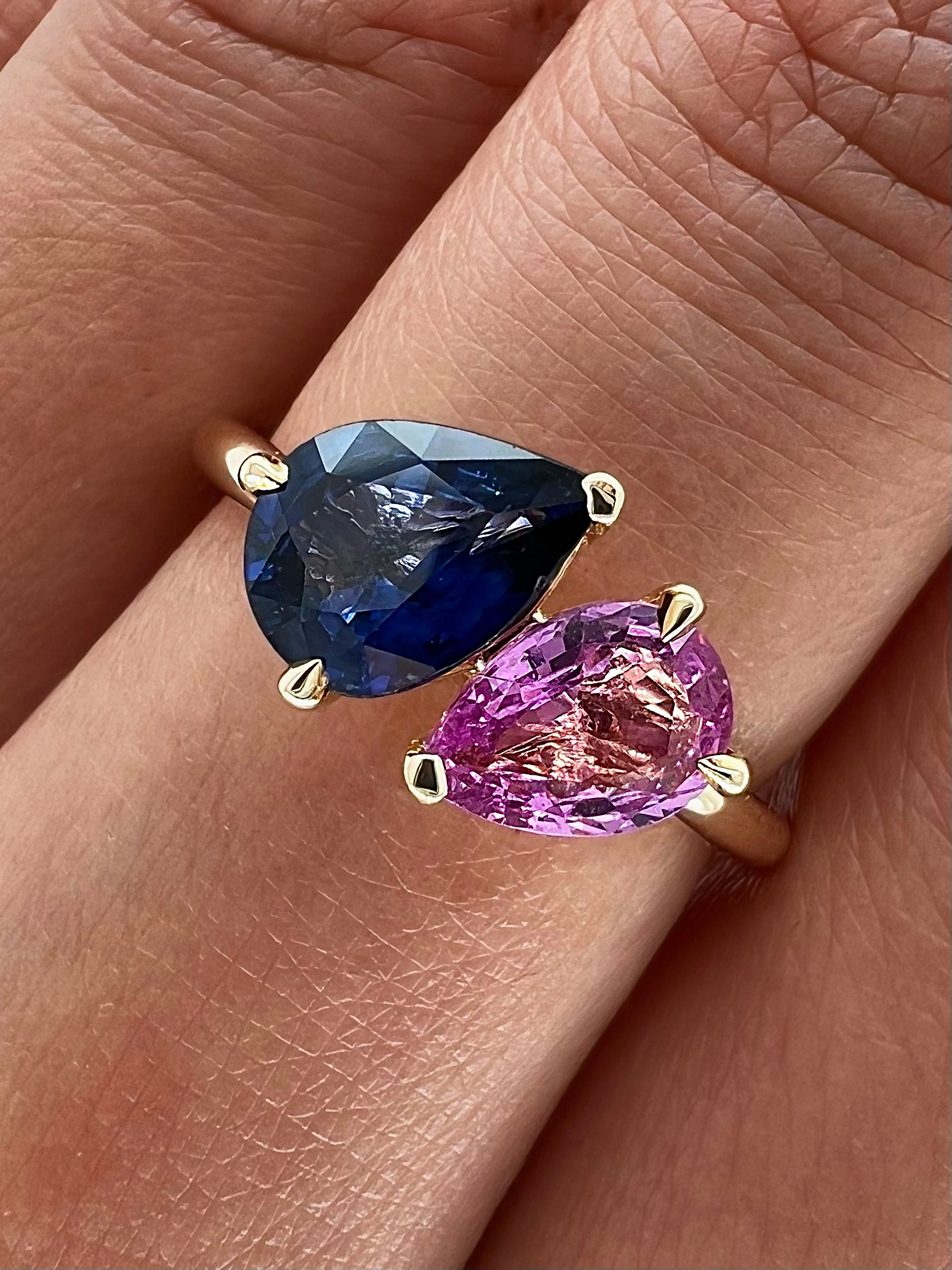 1.99 Total Carat Mismatched Pear Shaped Sapphire Two-Stone Ring in 14K Yellow Gold
