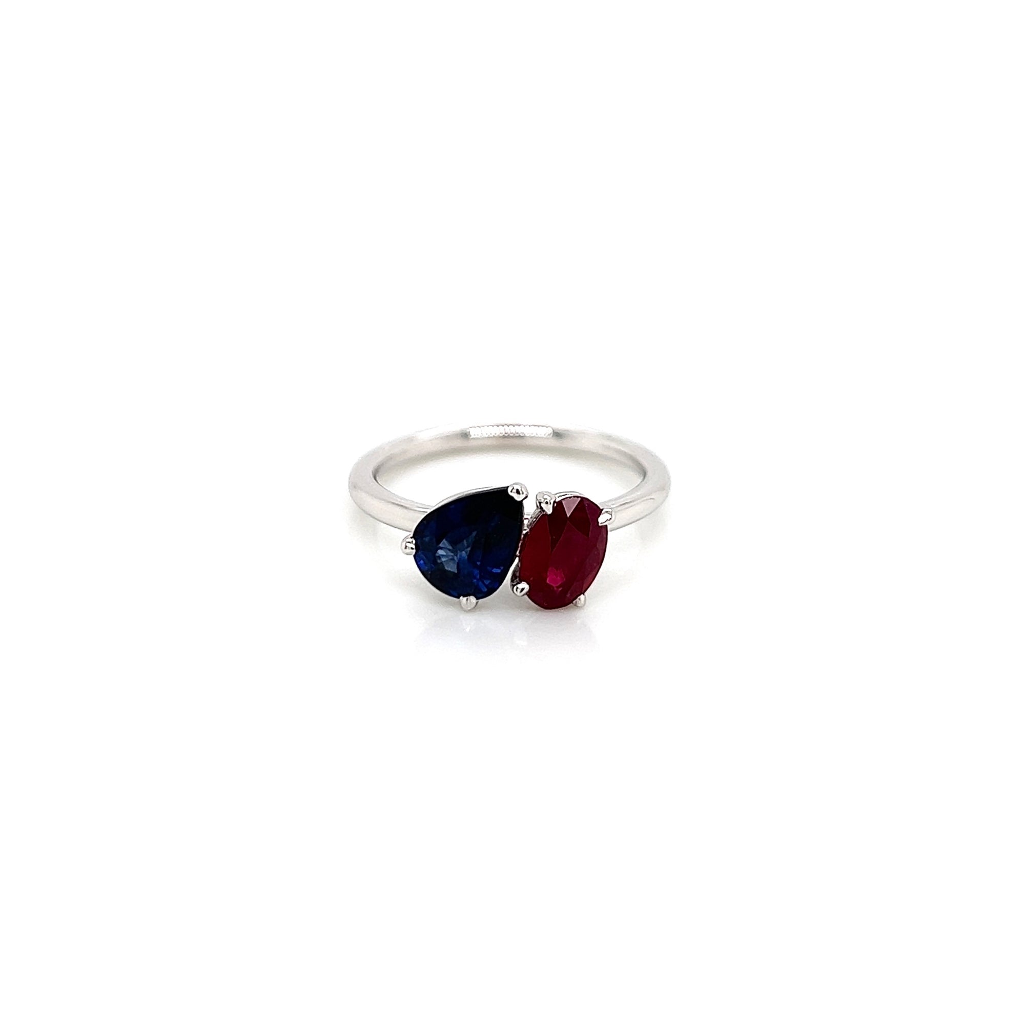 2.18 total Carat Pear Shaped Sapphire and Oval Shaped Ruby Two-Stone Ring in 14K White Gold