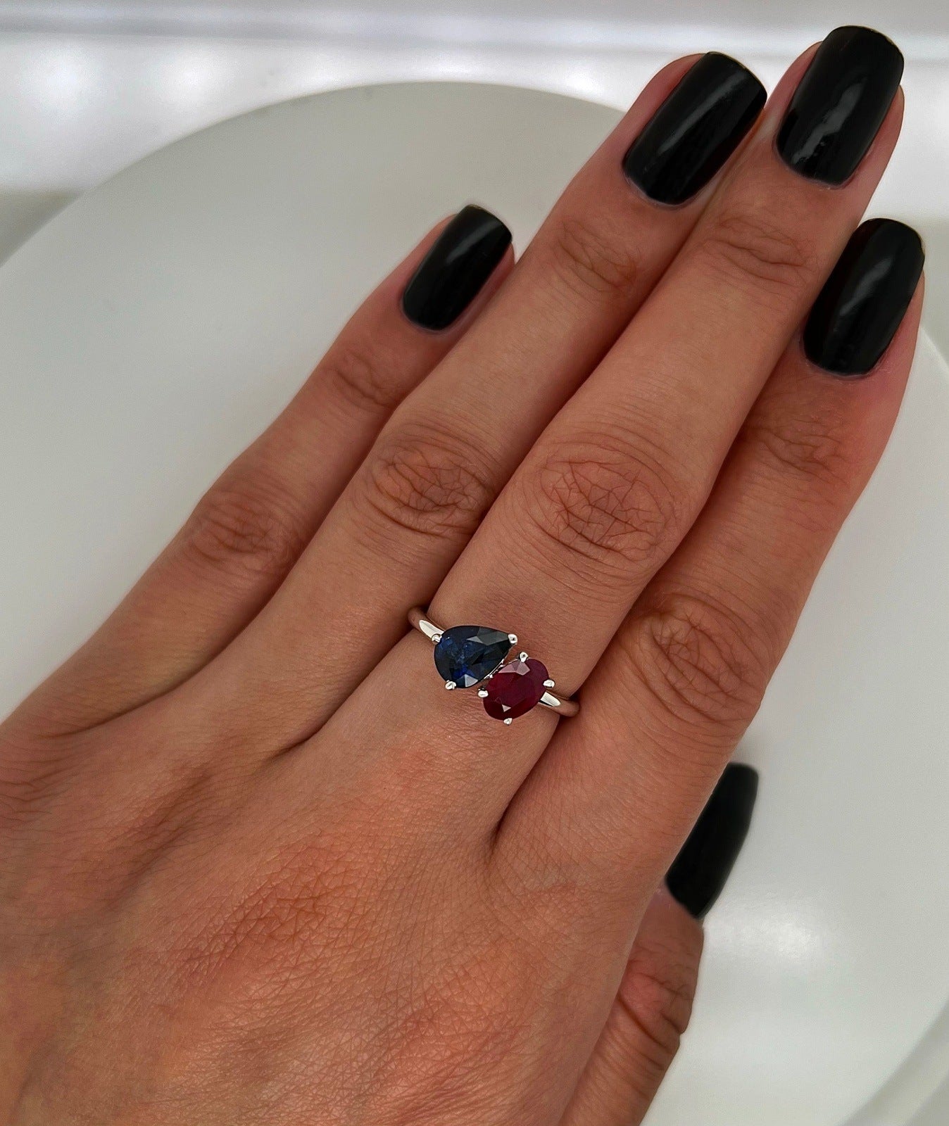 2.18 total Carat Pear Shaped Sapphire and Oval Shaped Ruby Two-Stone Ring in 14K White Gold