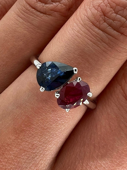 2.18 total Carat Pear Shaped Sapphire and Oval Shaped Ruby Two-Stone Ring in 14K White Gold