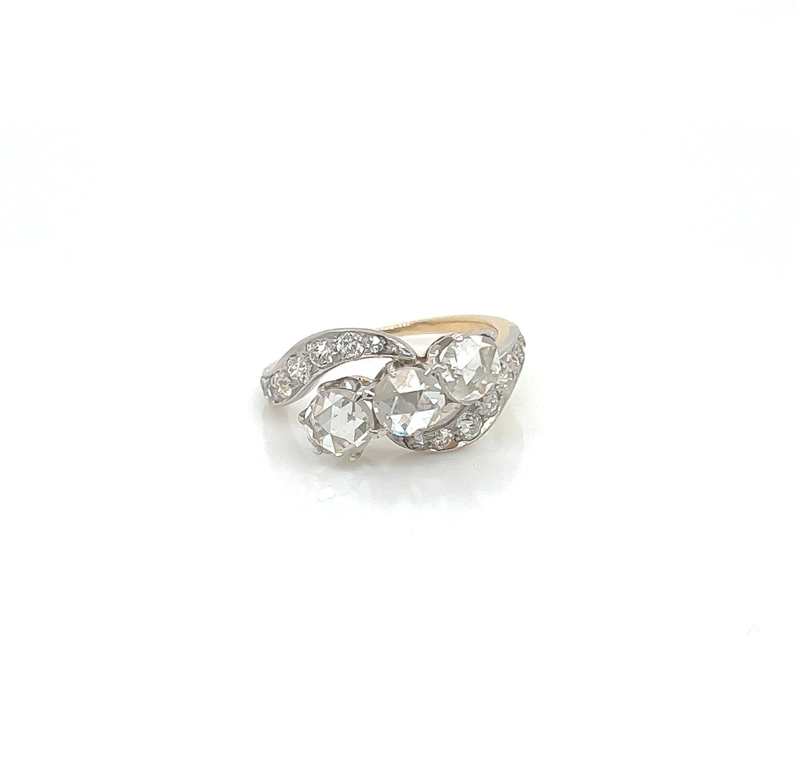 2.10 Total Carat Three-Stone Vintage Gold Ring with Pave Diamonds
