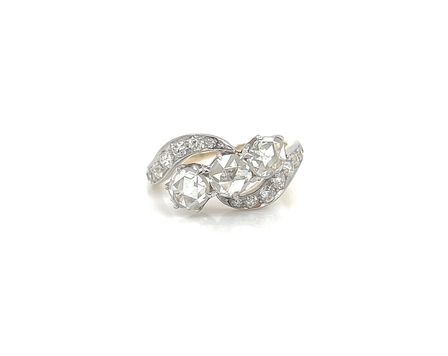2.10 Total Carat Three-Stone Vintage Gold Ring with Pave Diamonds