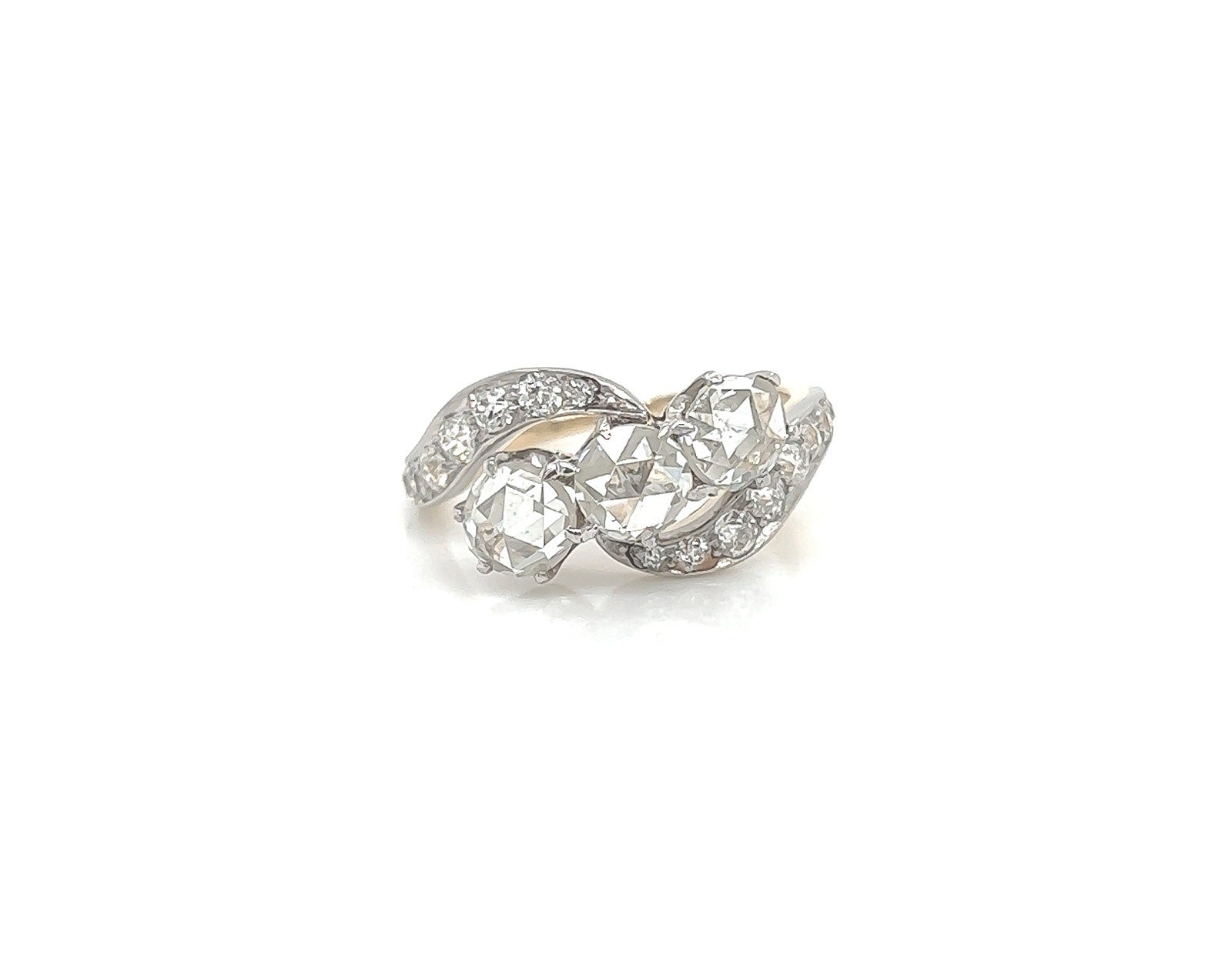 2.10 Total Carat Three-Stone Vintage Gold Ring with Pave Diamonds