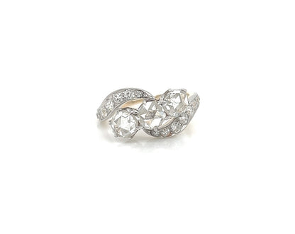 2.10 Total Carat Three-Stone Vintage Gold Ring with Pave Diamonds