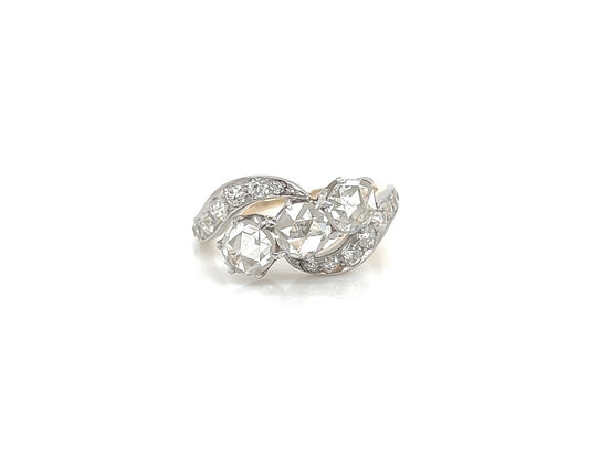 2.10 Total Carat Three-Stone Vintage Gold Ring with Pave Diamonds